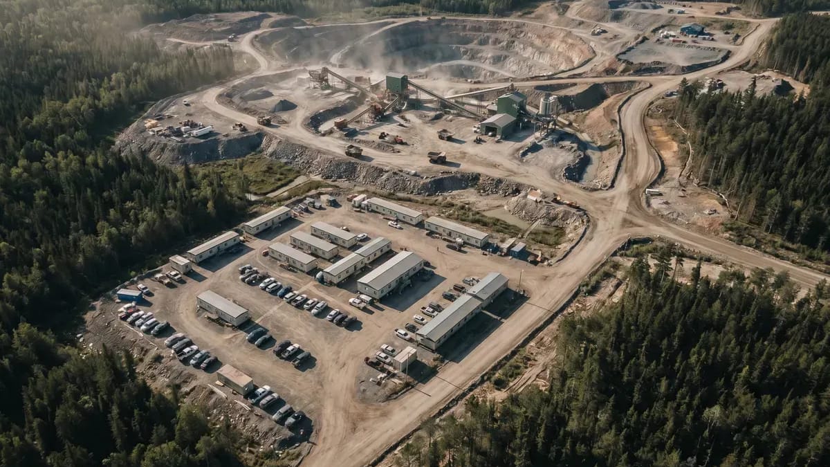 Aerial view of an accommodation village beside an open pit and process plant